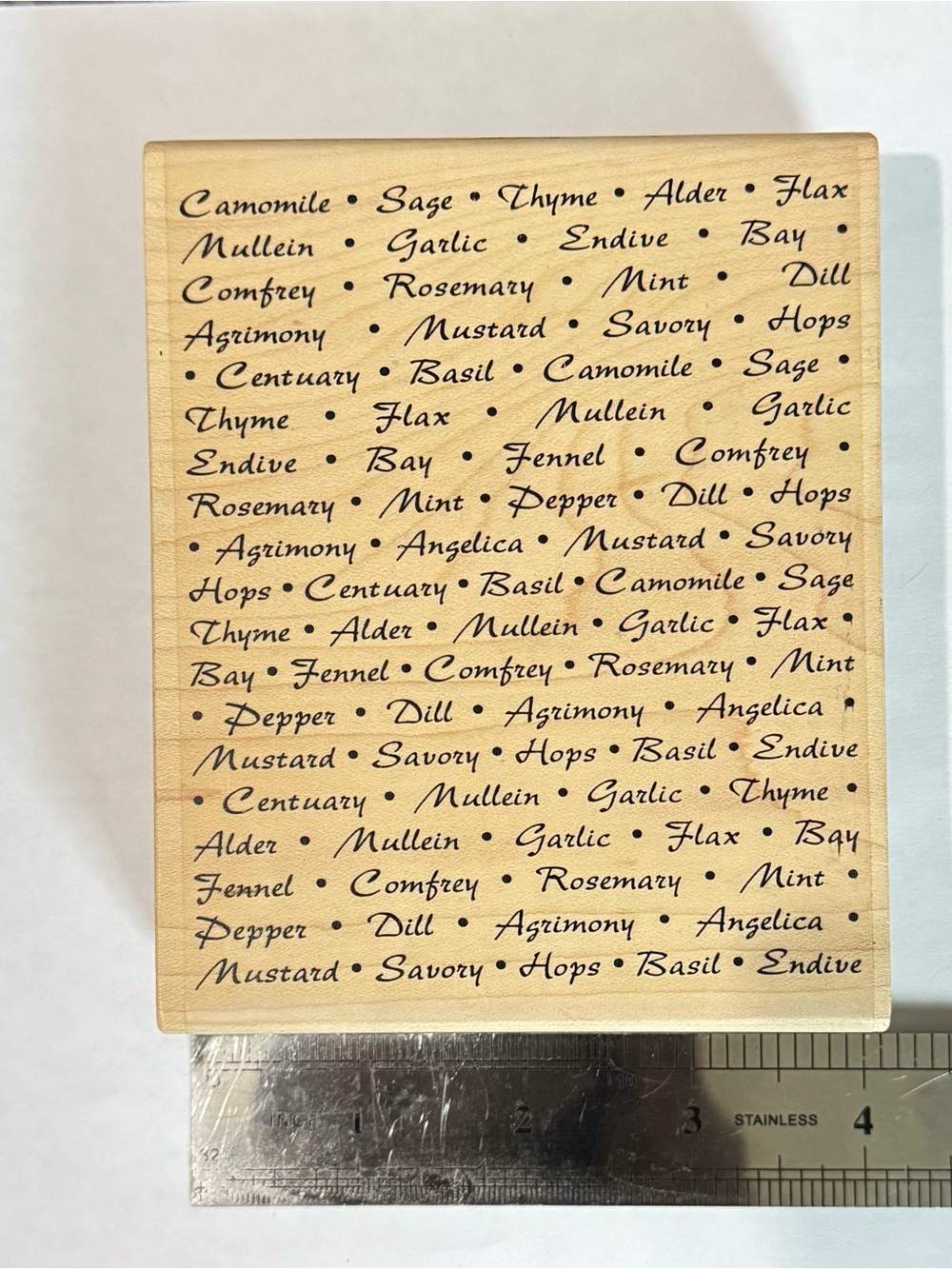 Stampington & Co Formal Herb List Large Wood Mounted Rubber Stamp Block Vintage